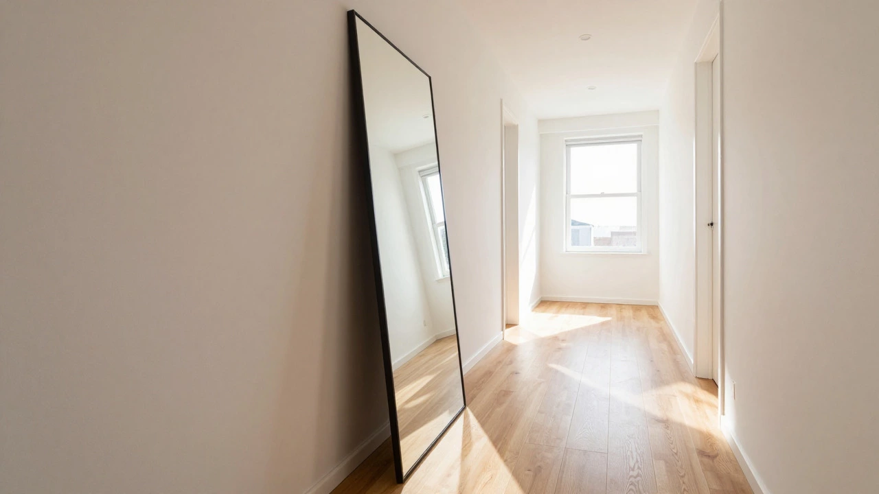 Large hallway mirror reflecting light and space