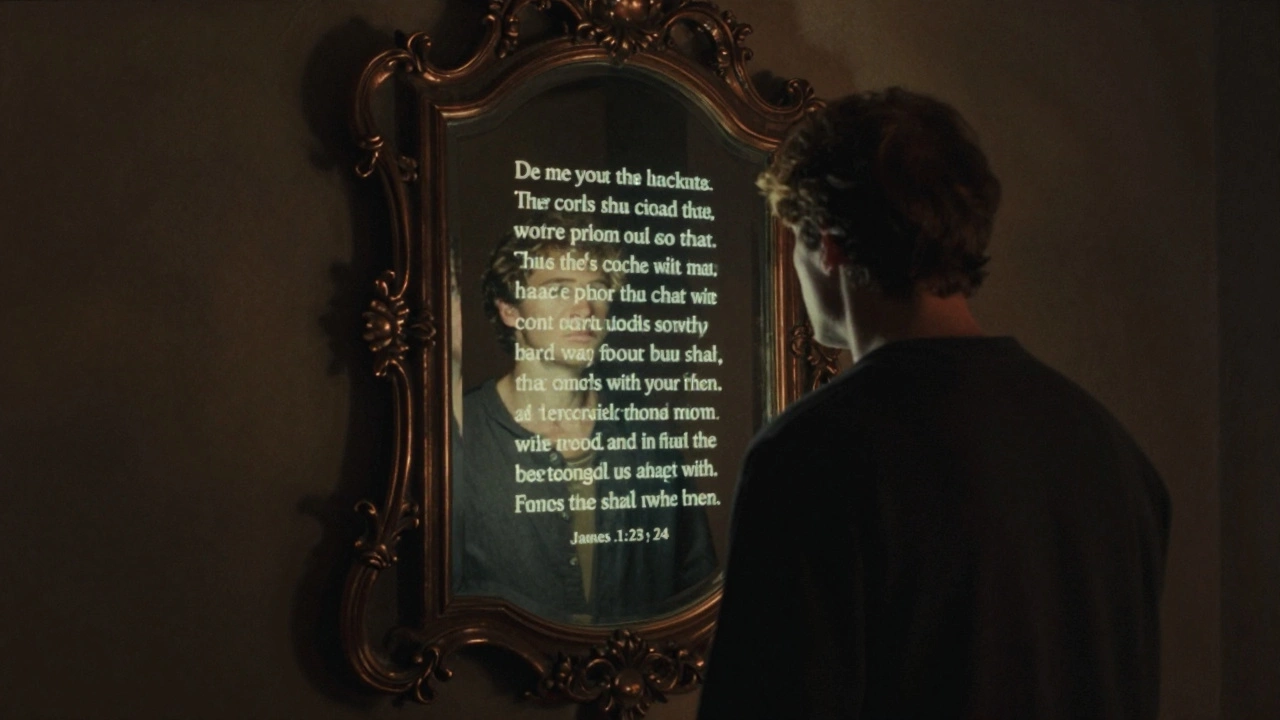 Man seeing divine truth instead of his face in a bronze mirror