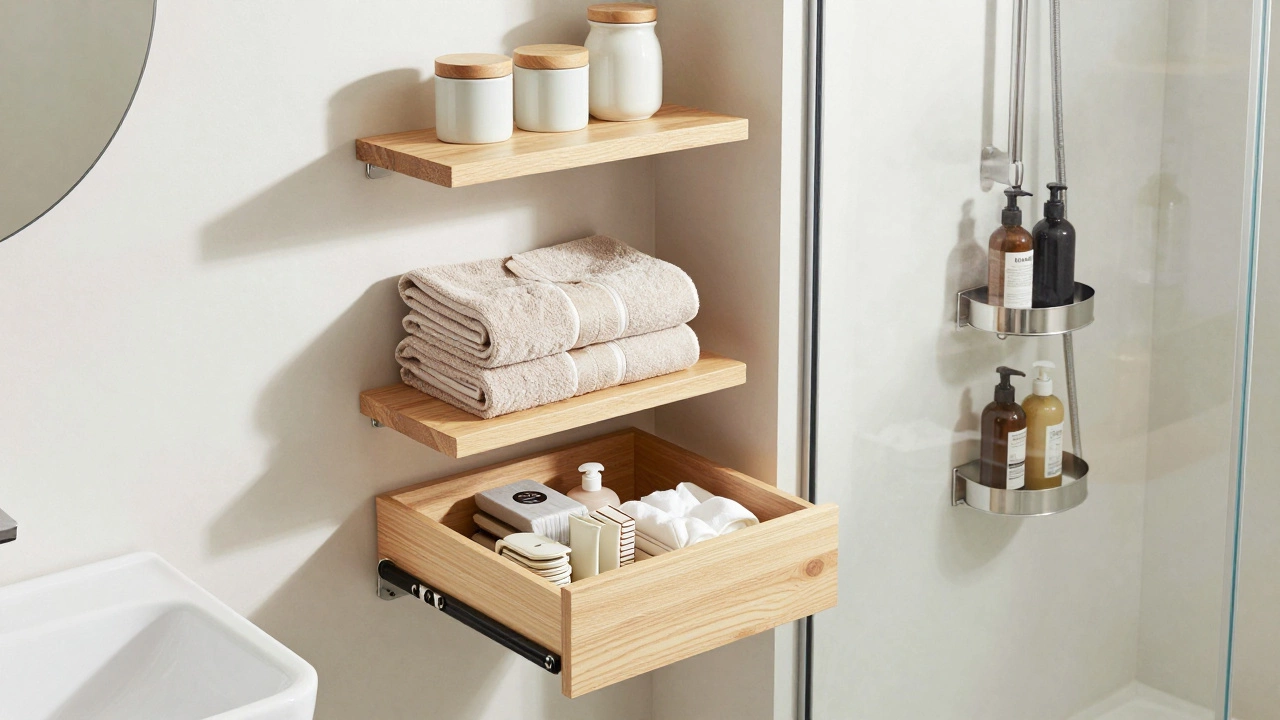 Organized bathroom storage with floating shelves and under-sink drawers