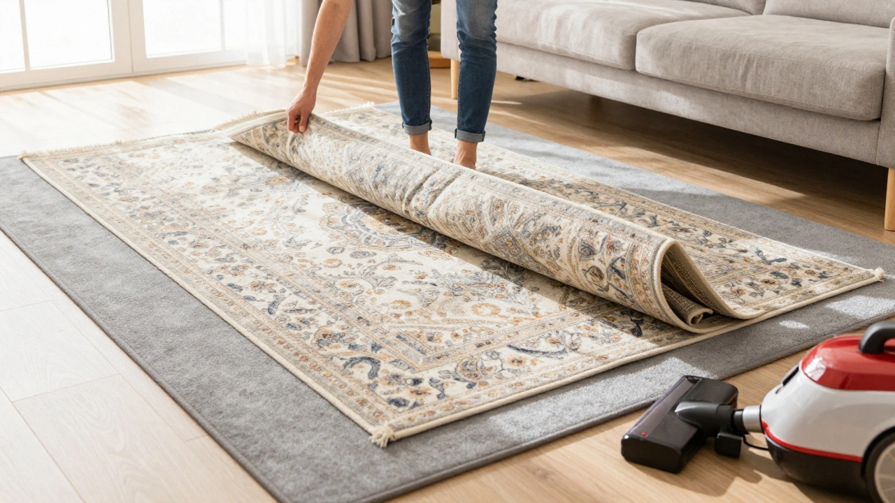 Person rotating an area rug over a protective pad for even wear.