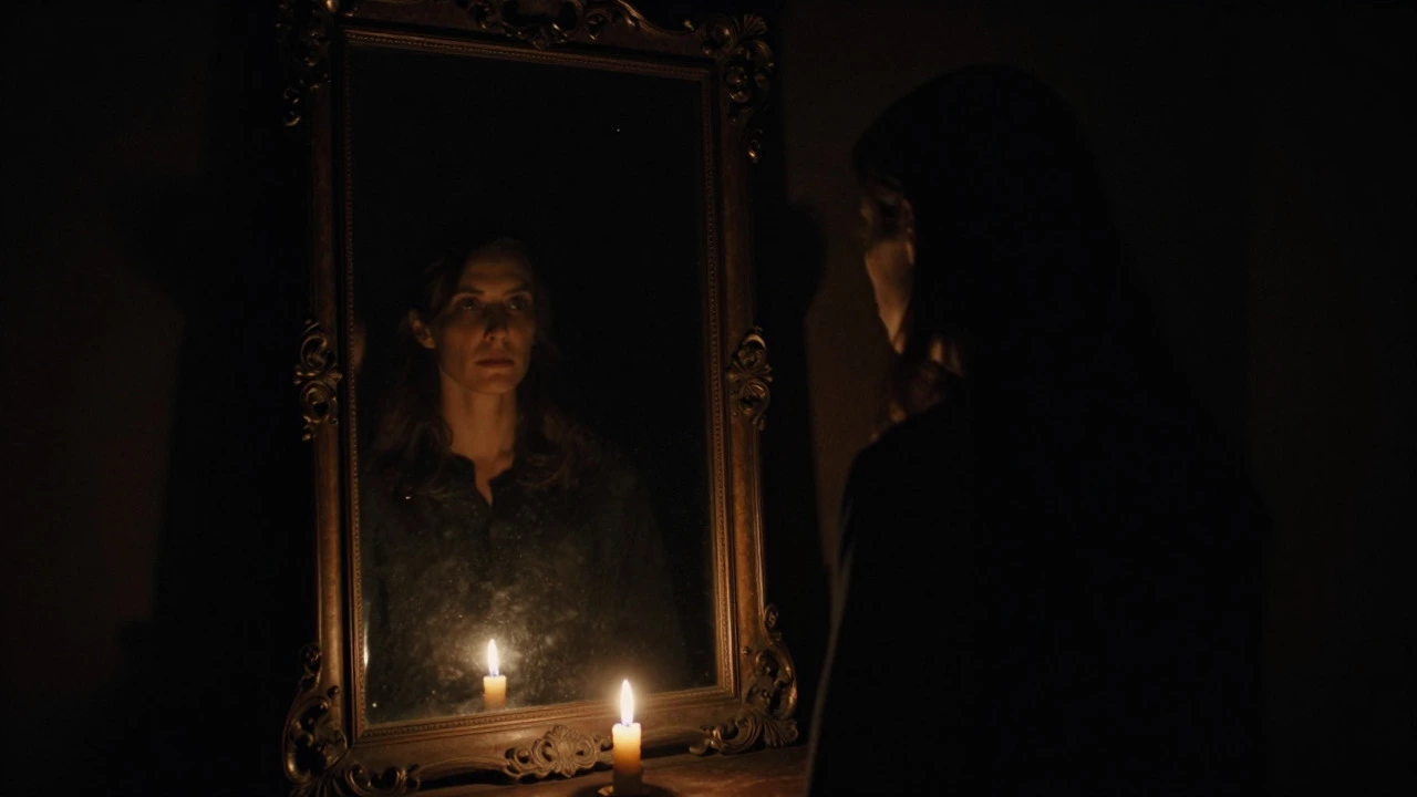 Person staring into dark mirror seeing distorted, monstrous reflection.