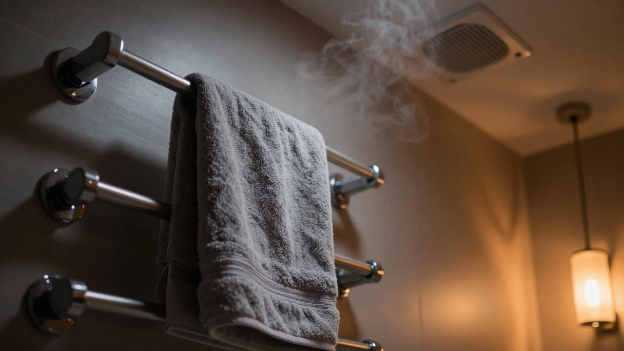 Plush grey towels on a rail with warm ambient lighting and steam