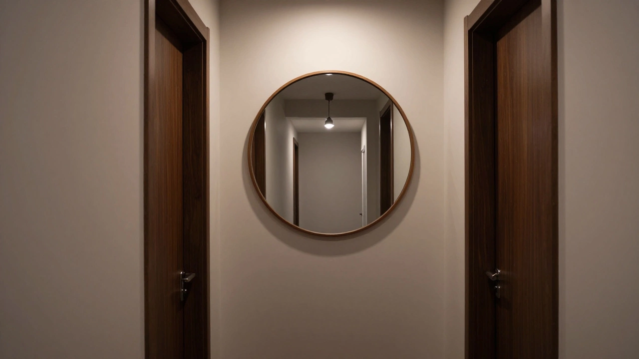 Round wooden-framed mirror on hallway wall widening space
