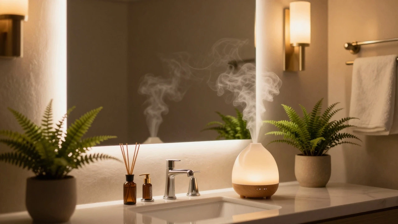 Serene spa-like bathroom with diffuser, plants, and soft lighting