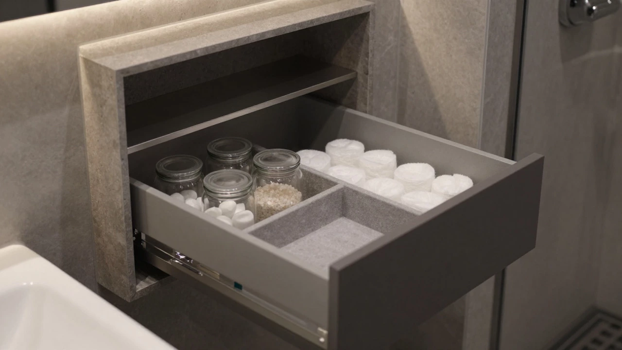 Sleek hidden storage with organized glass jars in a modern bathroom
