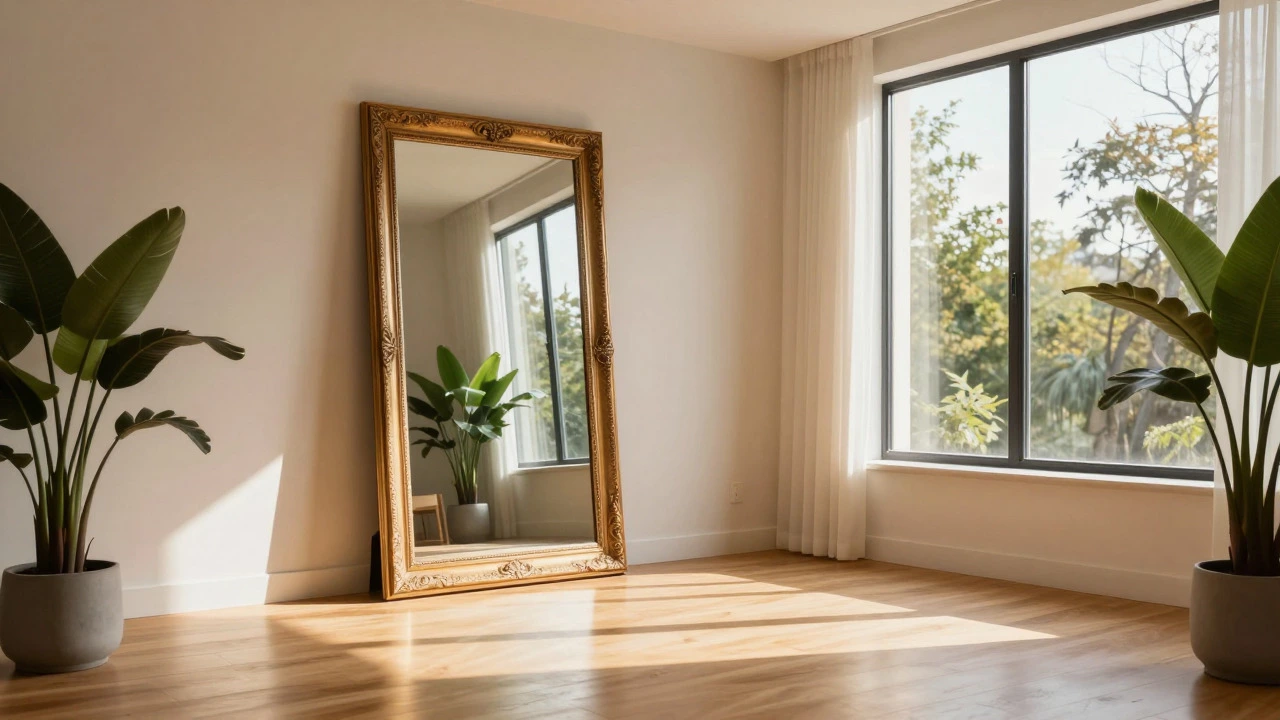 Sunlit room with mirror reflecting window to enhance space and energy.