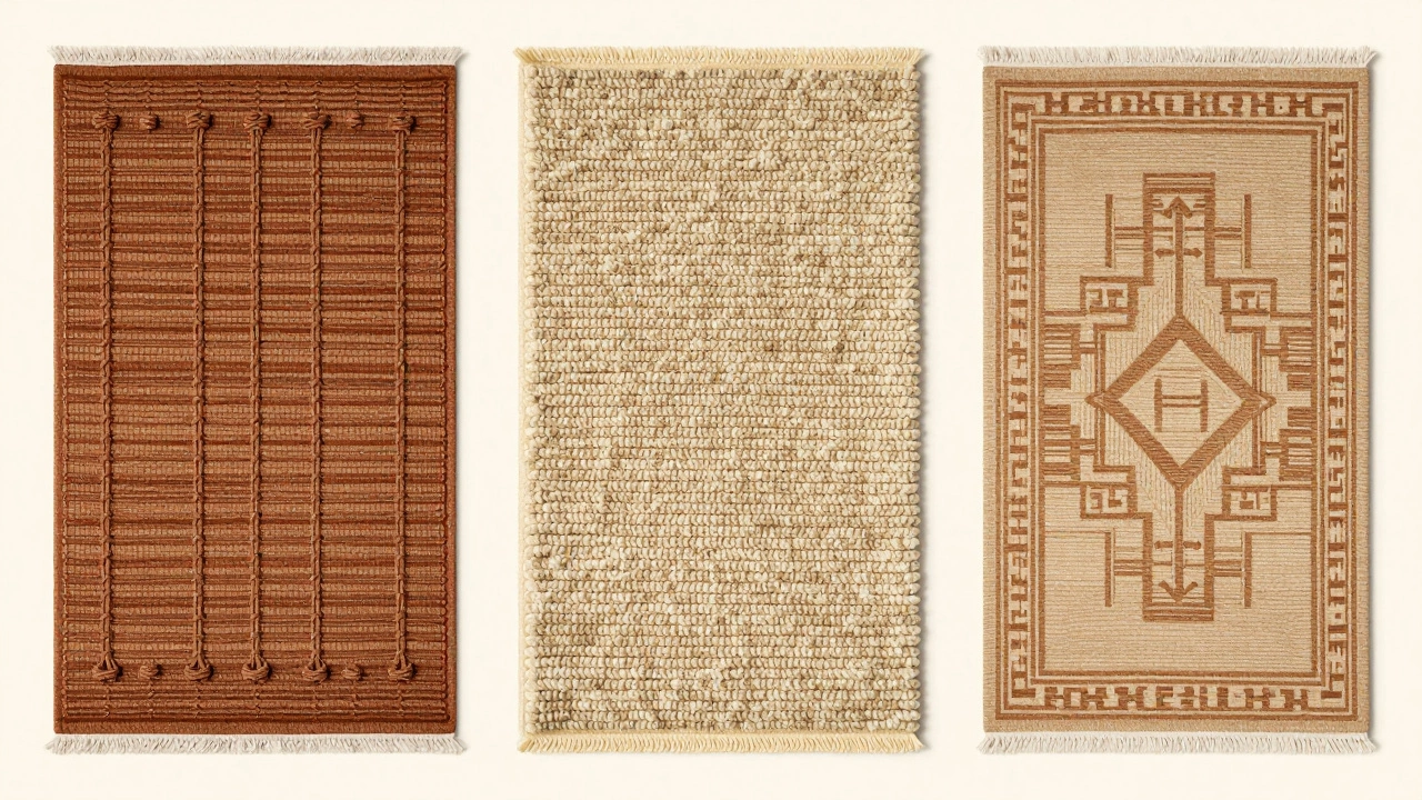 Top-down view of tufted, hand-knotted, and flat-weave rug constructions.