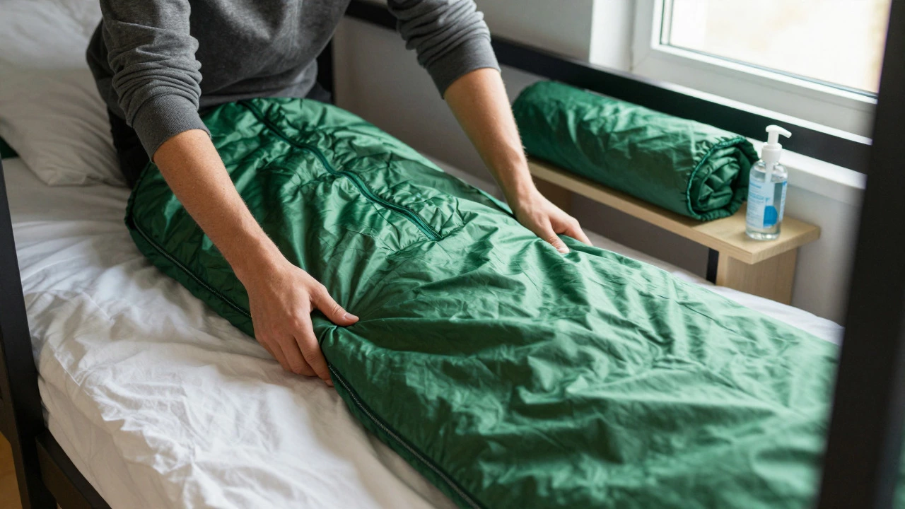 Traveler putting sleep sack over hostel sheets
