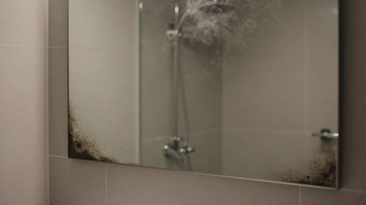 Bathroom mirror showing early signs of blackening due to high humidity and steam.