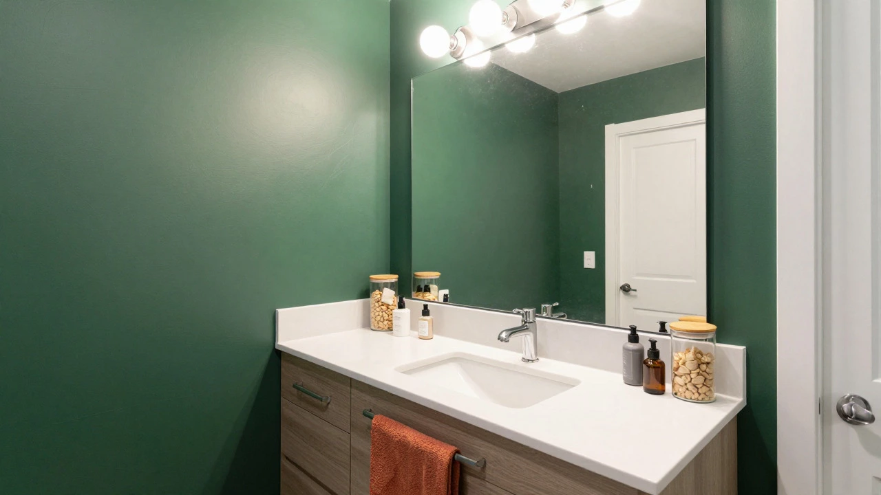 Bathroom with a forest green accent wall, large mirror, and organized accessories