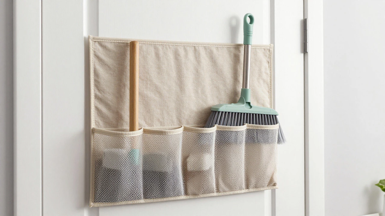 Cleaning tools hidden in an over-the-door organizer behind a white door