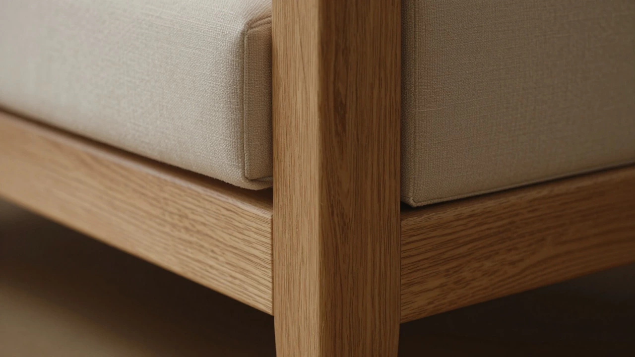 Close-up of solid oak wood joints and high-density foam in a sofa