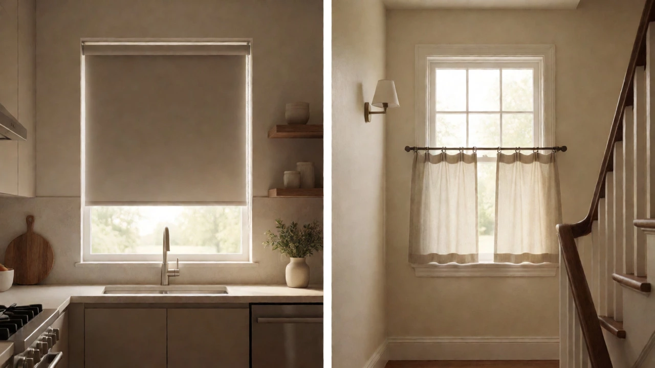 Comparison of kitchen roller shades and hallway cafe curtains