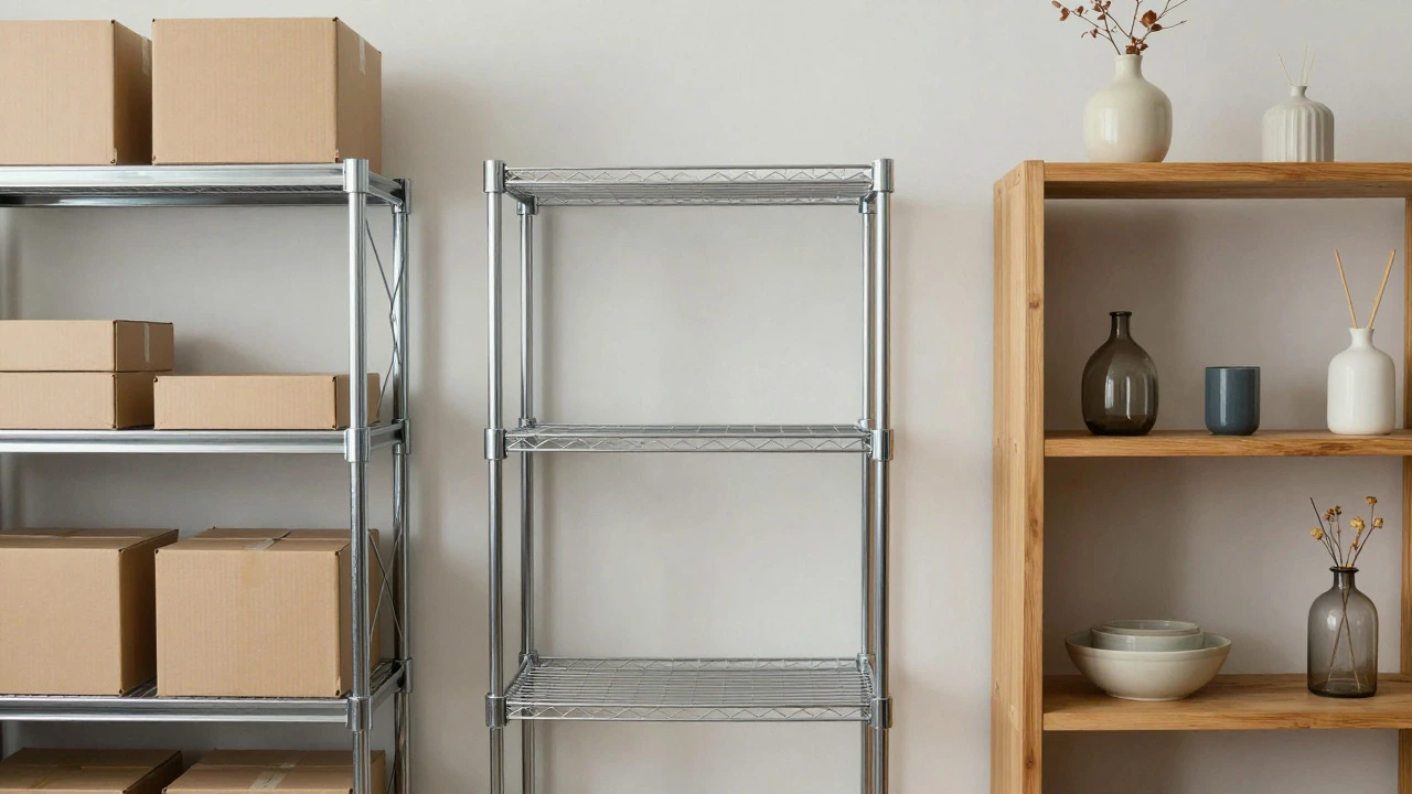 Comparison of metal, wire, and wood shelving styles showing different storage capabilities.