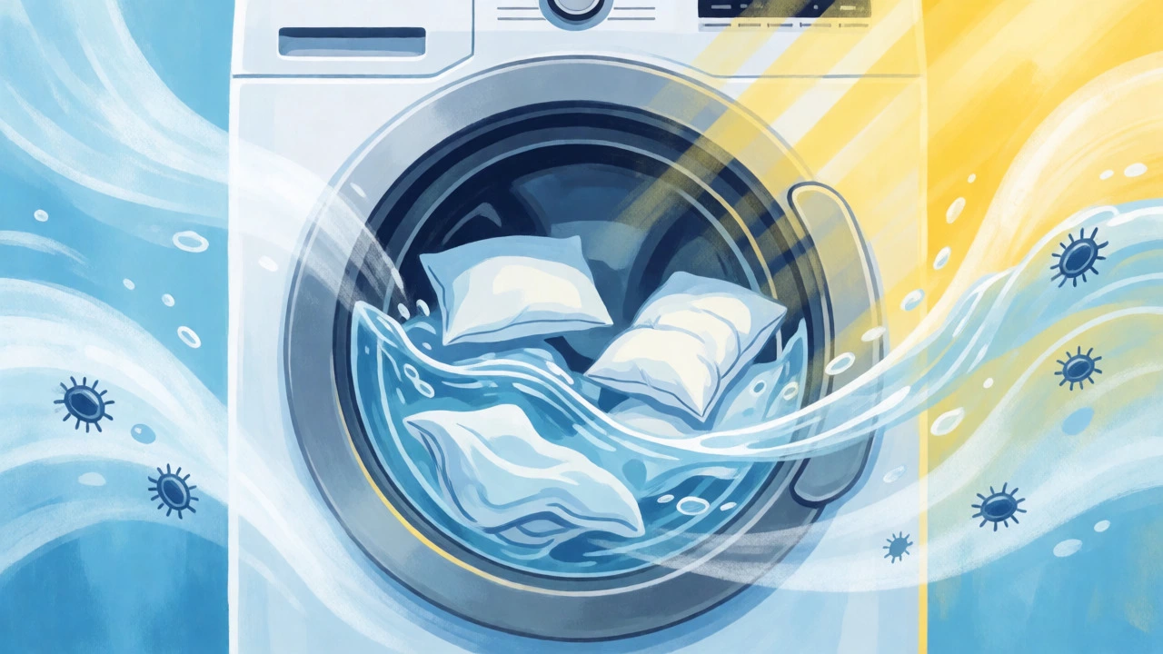 Conceptual illustration of bedding being washed in a machine to remove allergens