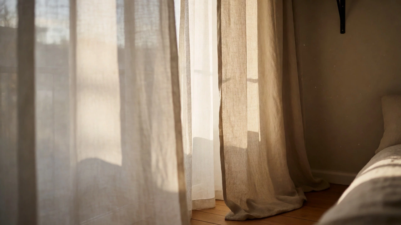 Cozy bedroom with layered sheer and heavy linen curtains filtering sunlight