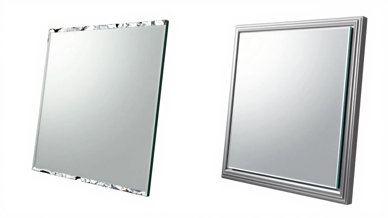 Cross-section comparison showing thin aluminum vs thick silver mirror construction layers.