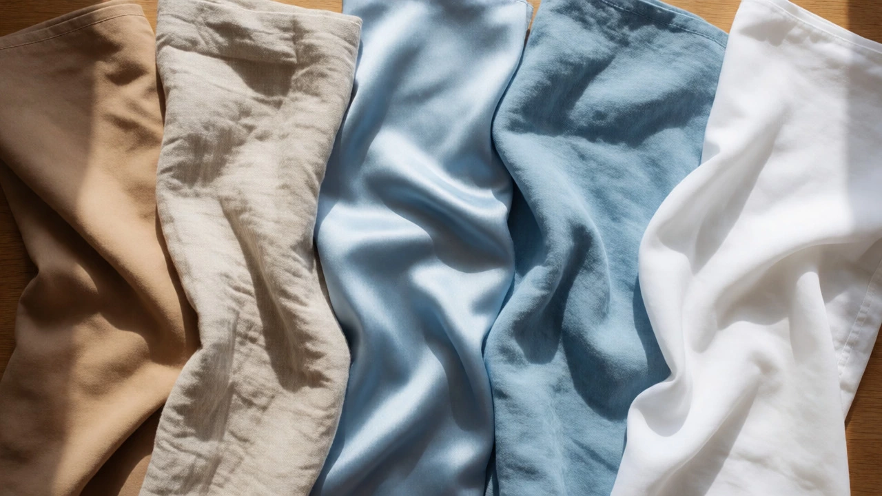 Flat lay comparison of cotton, linen, silk, bamboo, and polyester bedding fabrics