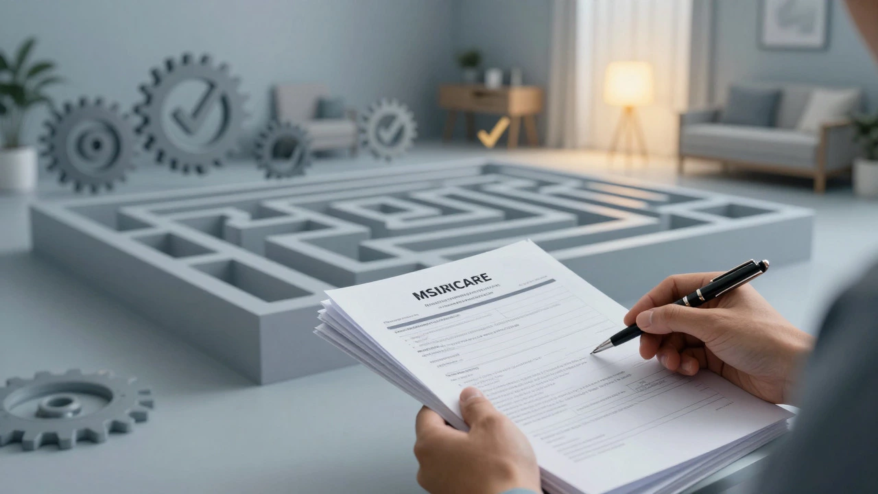 Hand holding documents near a maze of forms representing insurance approval