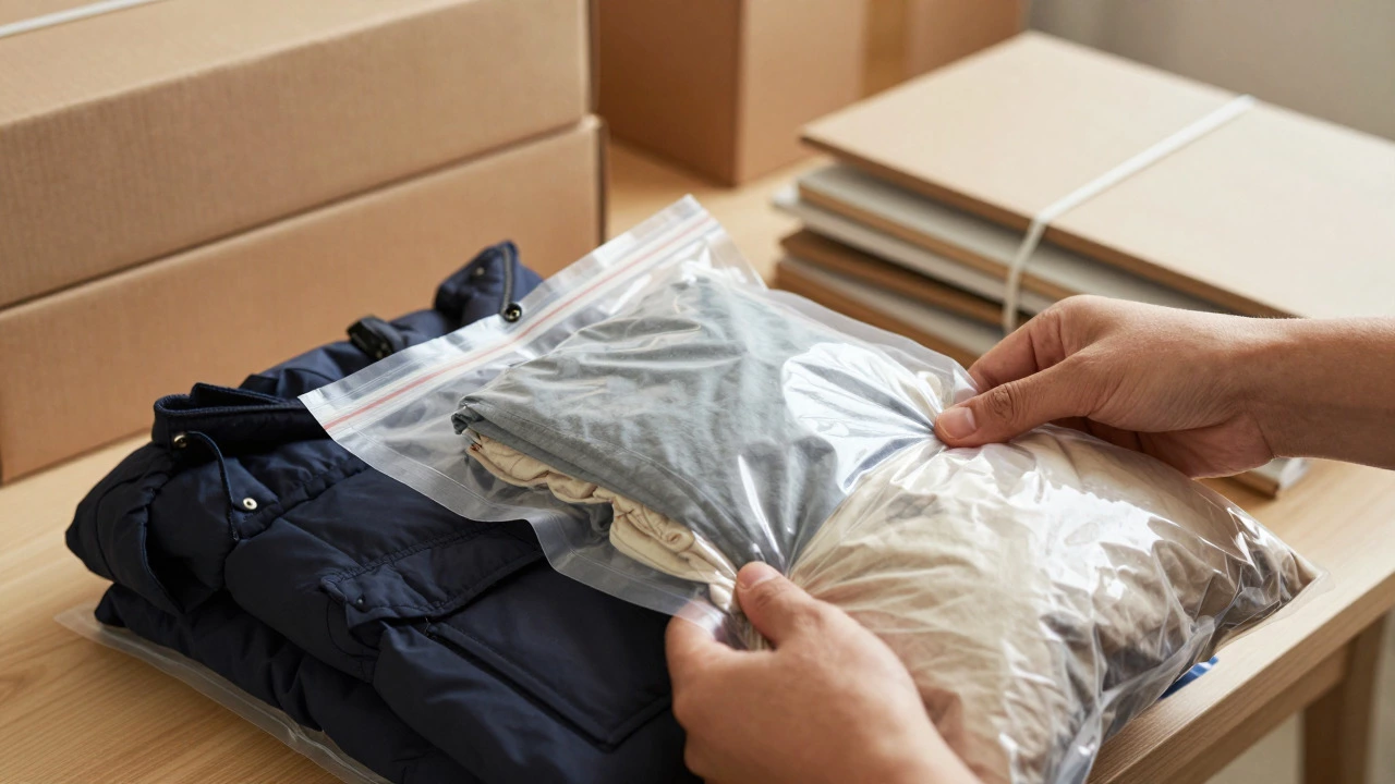 Hands compressing clothes in vacuum bags for storage