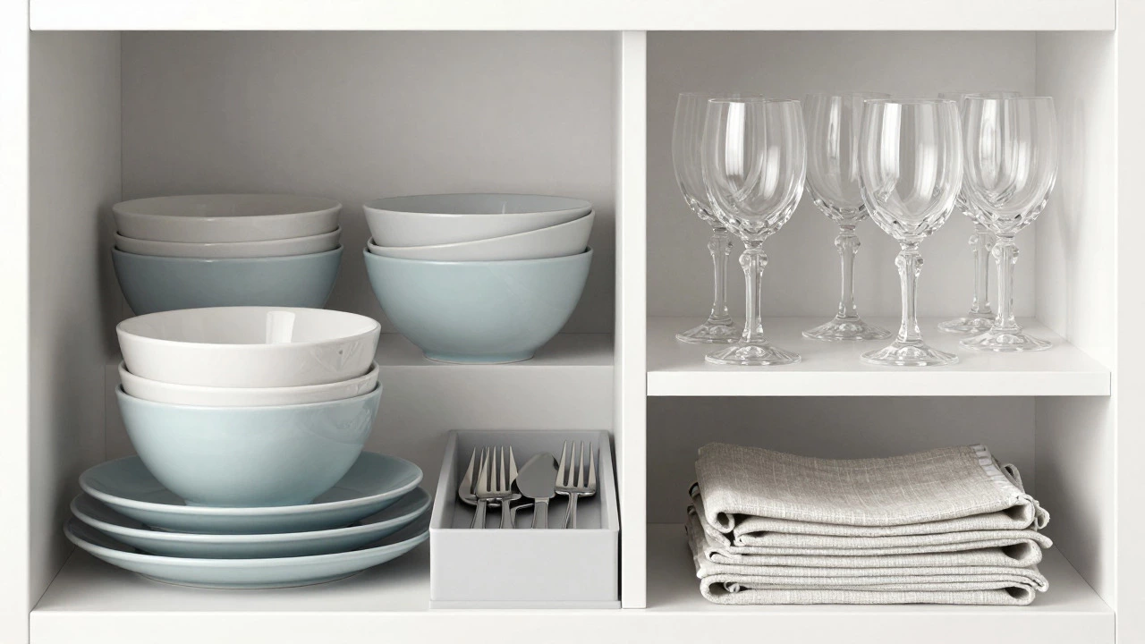 Kitchen cabinet organizing plates, cutlery, glassware, and linens separately