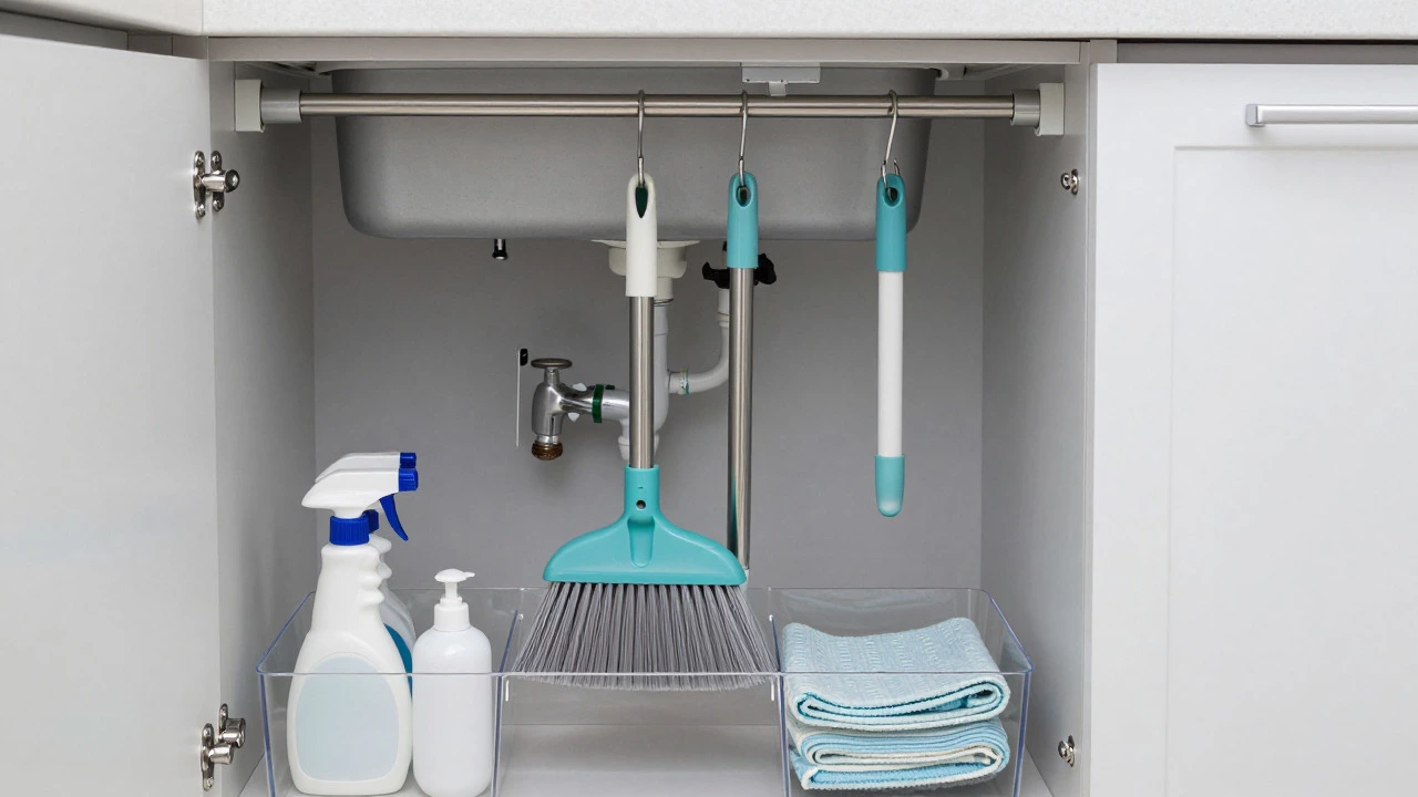 Mop and broom suspended from a tension rod under a kitchen sink