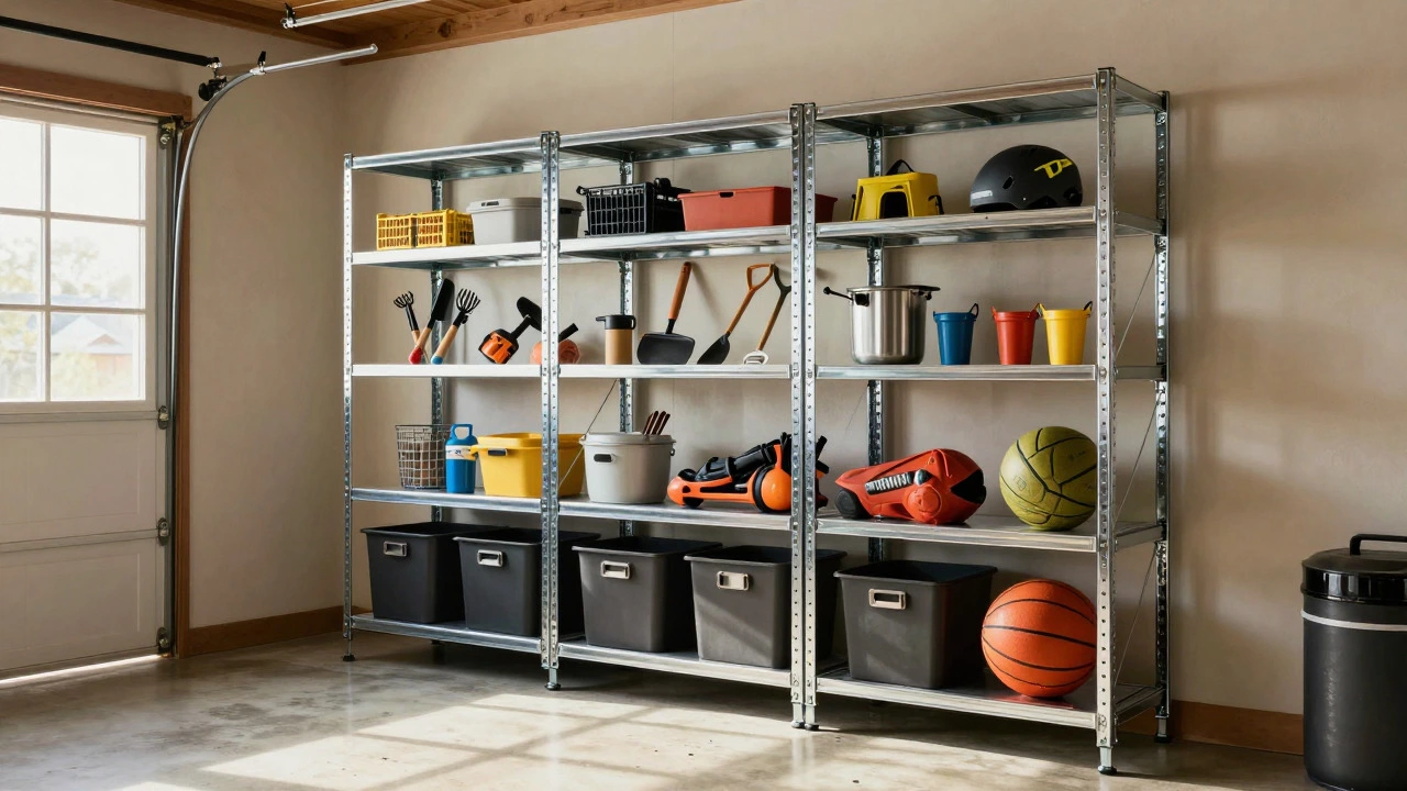 Organized home garage with heavy-duty adjustable metal shelves holding tools and bins.