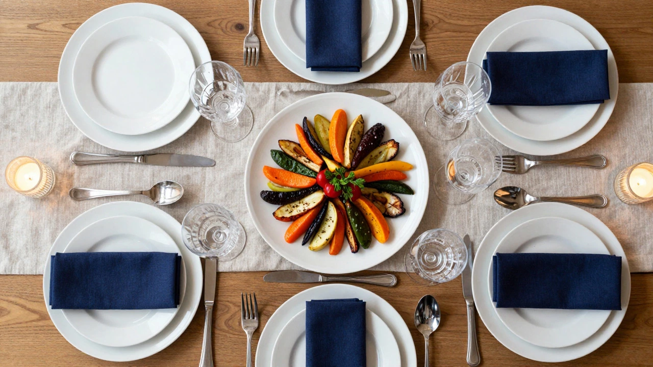 Overhead view of a formal table setting with china, cutlery, and glassware