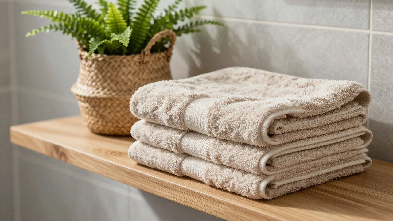 Plush towels, wooden shelves, and plants adding texture to a bathroom corner
