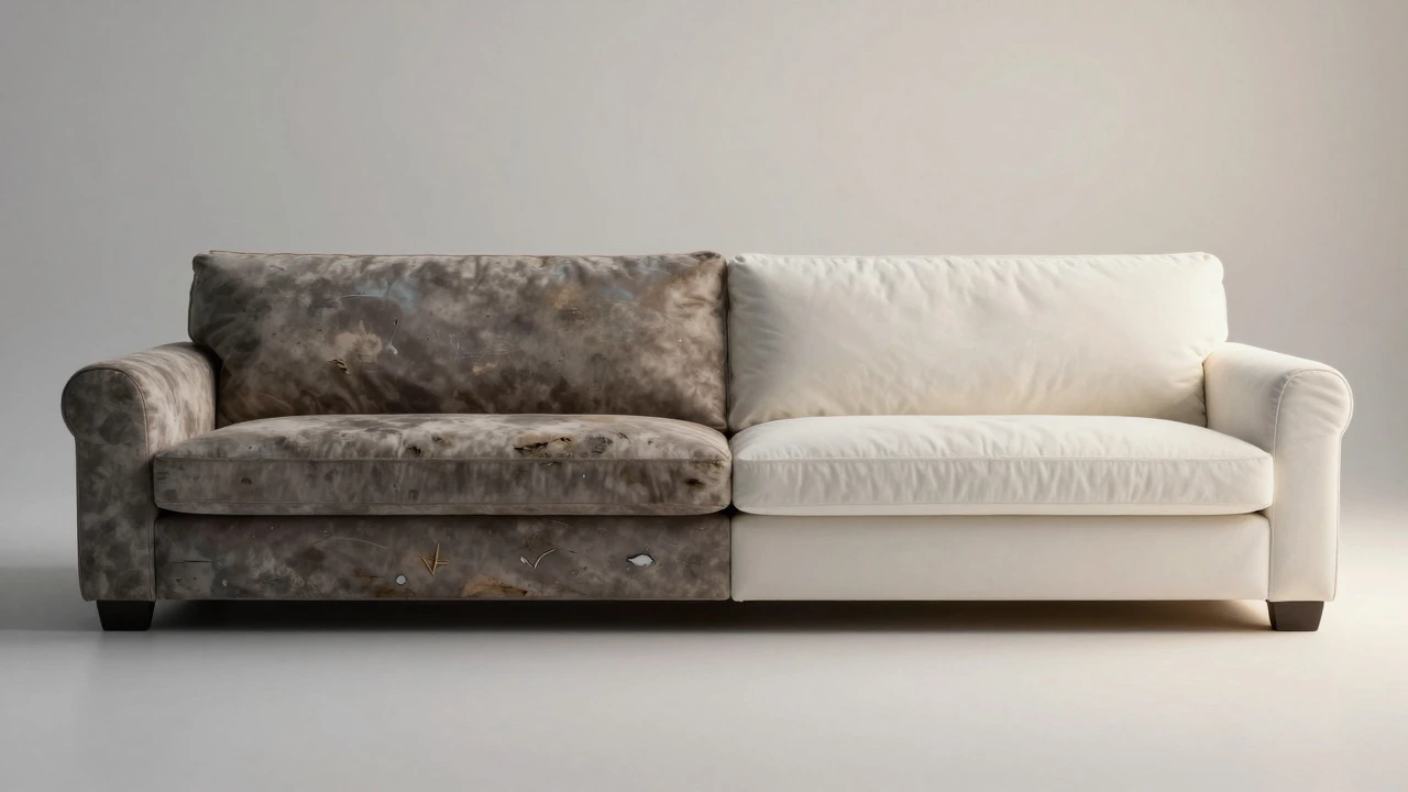 Side-by-side comparison of a worn budget sofa and a pristine premium one