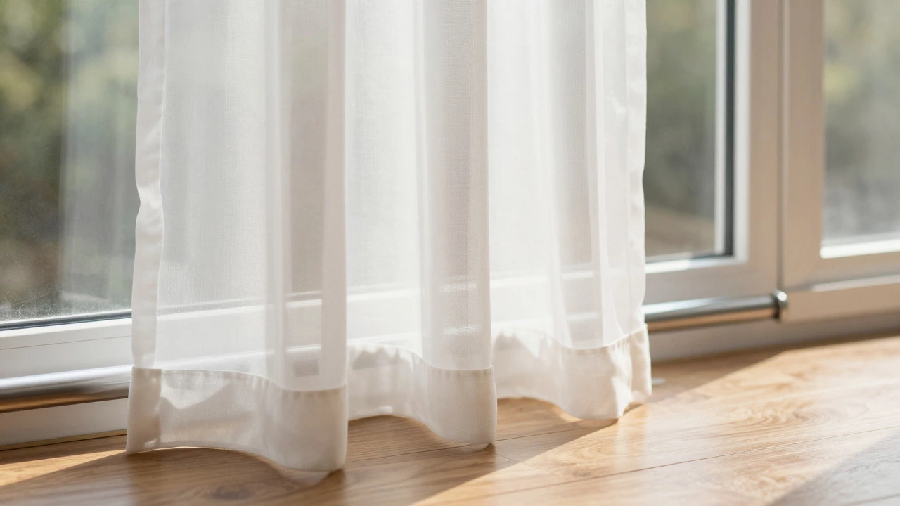 Sleek rod and sheer white curtains floating above the floor for an airy look.