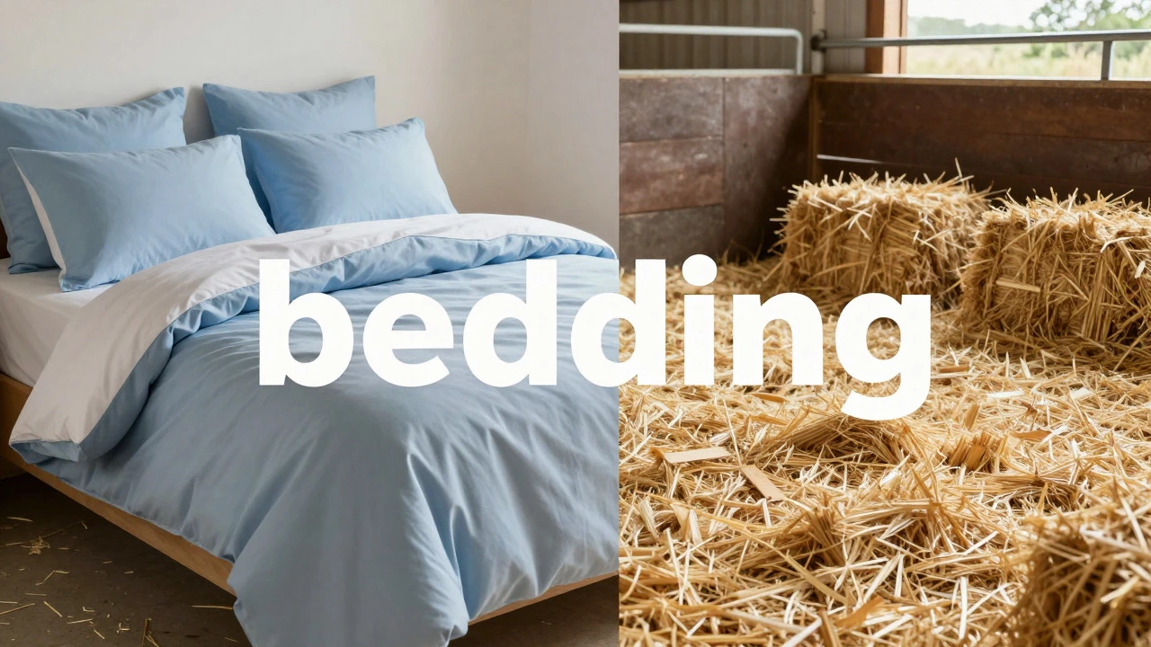 Split view of elegant bedroom linens and farm straw bedding