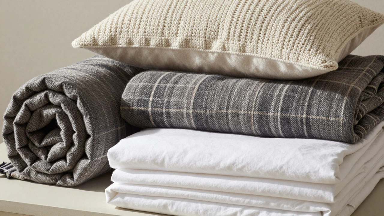Stacked sheets, blankets, and pillows showing different bedding layers