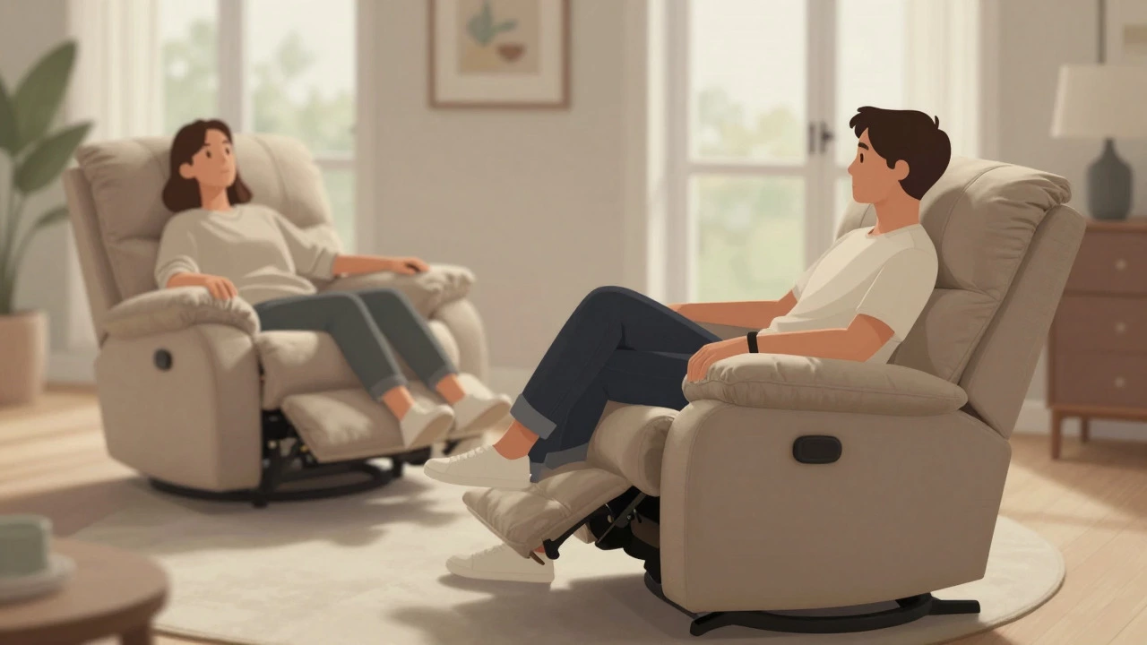 Two people experiencing different levels of recliner support: one upright and firm, one sunk into plushness