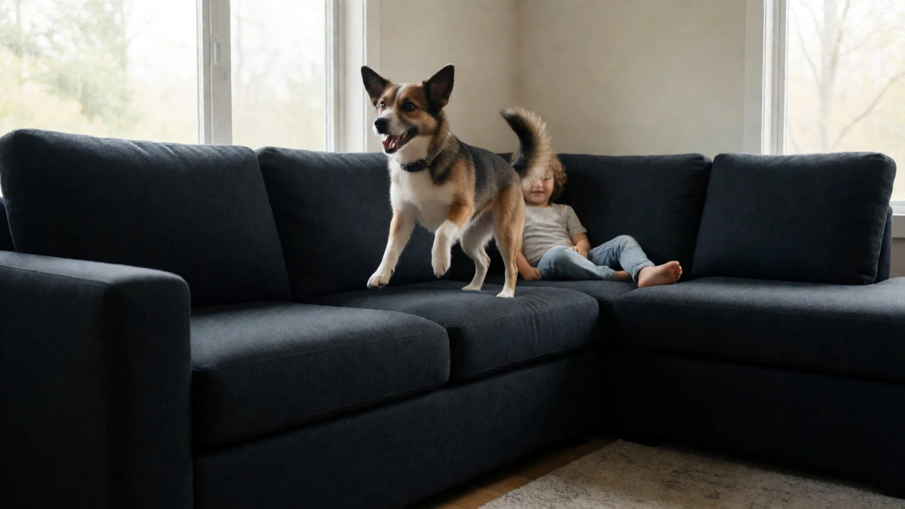 A sturdy sectional sofa supporting a dog and child in a bright living room.