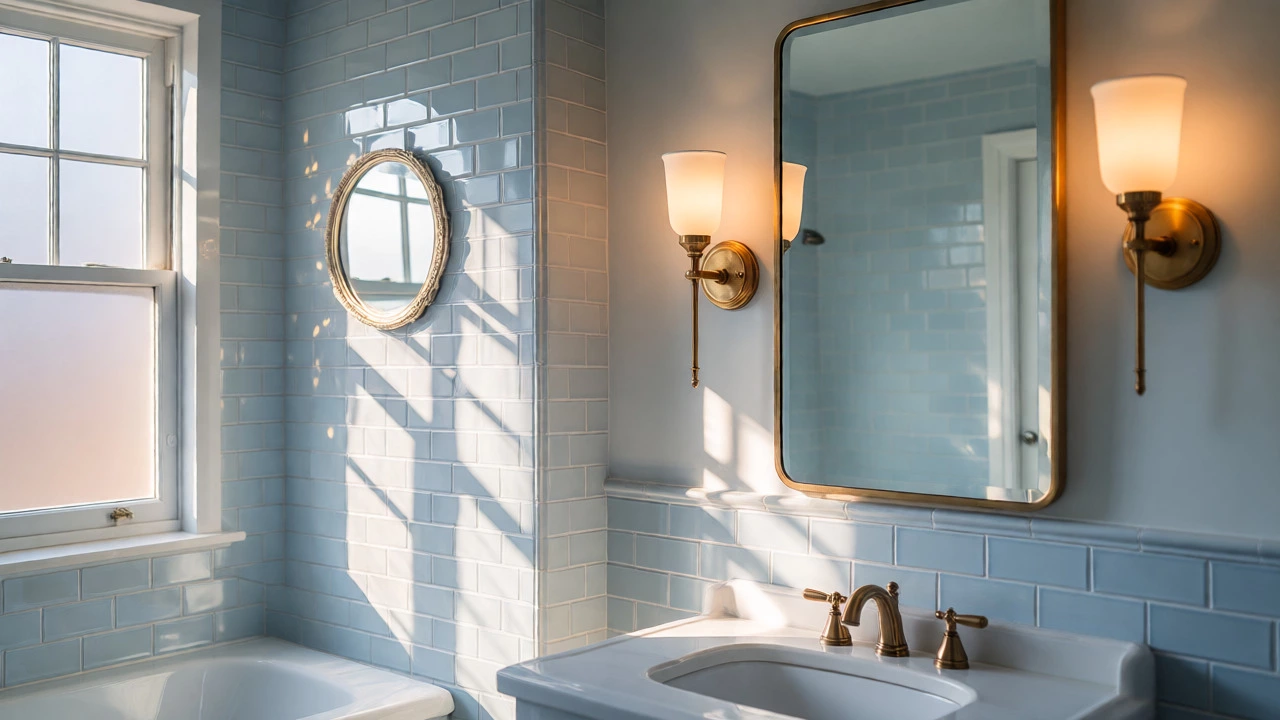 Bathroom vanity mirror flanked by sconces with a second decorative mirror reflecting light