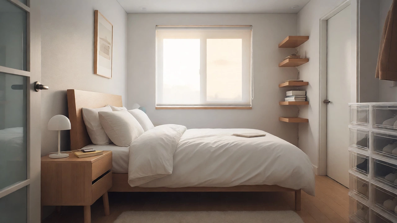 Clean, minimalist bedroom with made bed and organized nightstand