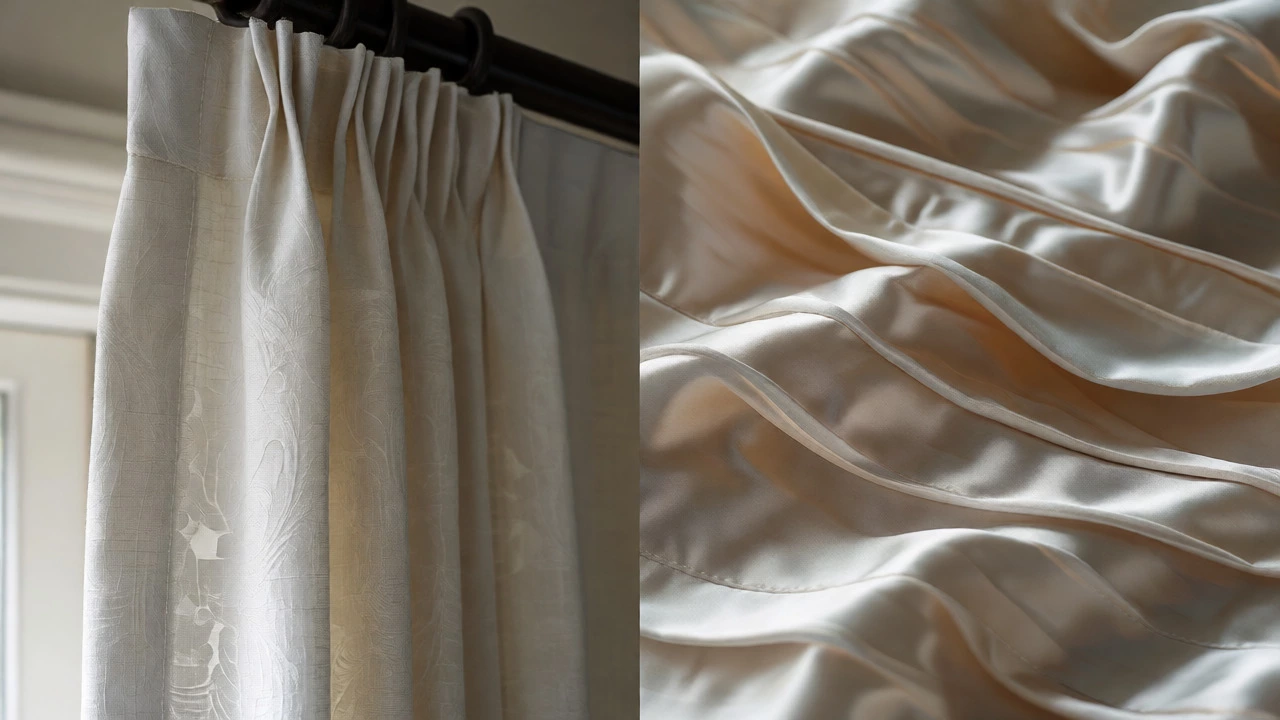 Close-up comparison of heavy linen pinch pleats versus flowing silk ripple fold curtains.