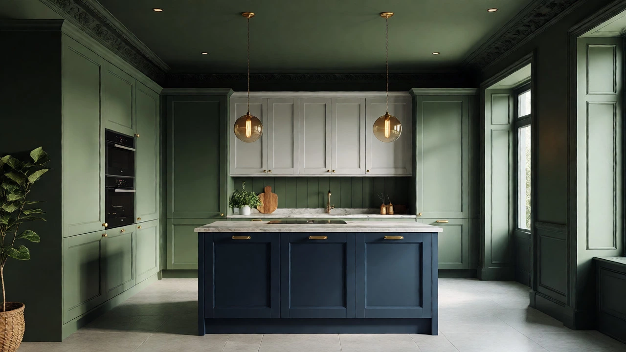 Color-drenched kitchen with forest green walls and two-tone navy and grey island.