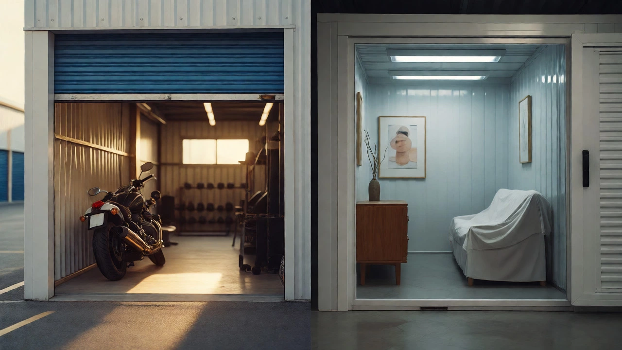 Comparison between a sunny drive-up unit with a motorcycle and a cool indoor climate-controlled unit.