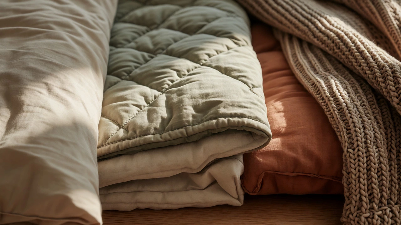 Comparison of coverlet, quilt, and throw textures on a wooden surface