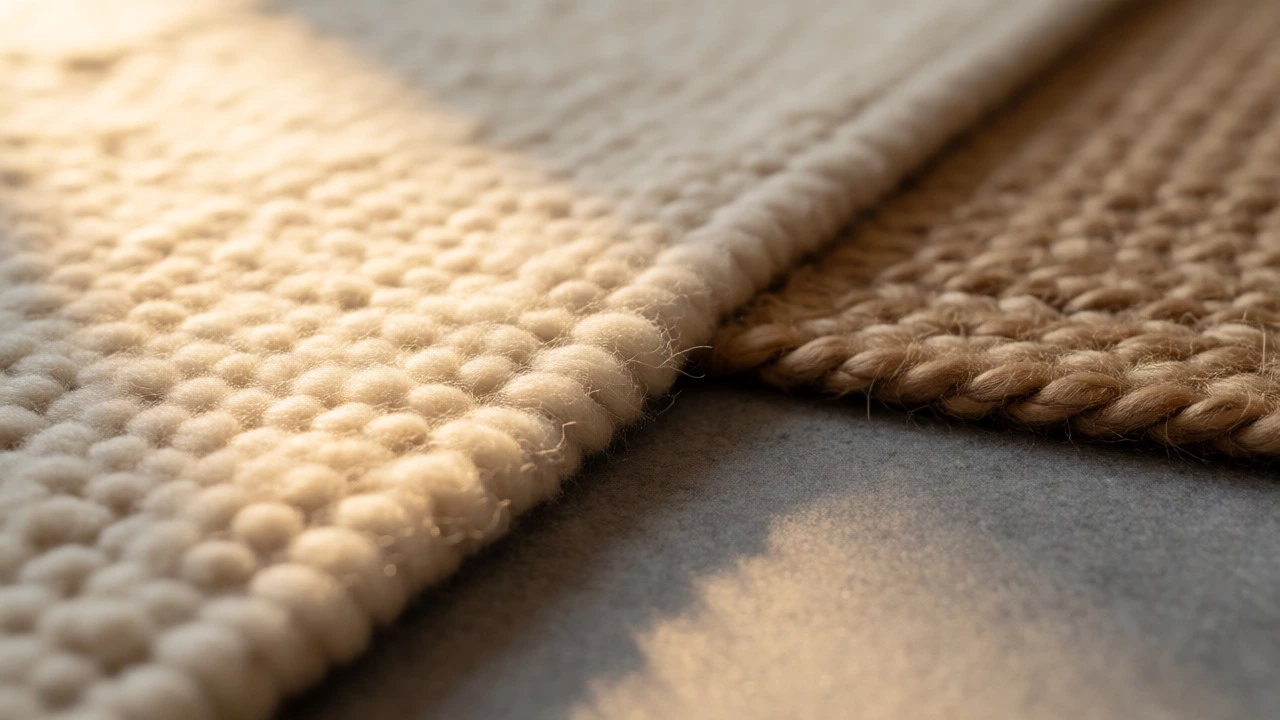 Cream wool rug layered over grey carpet showing texture contrast