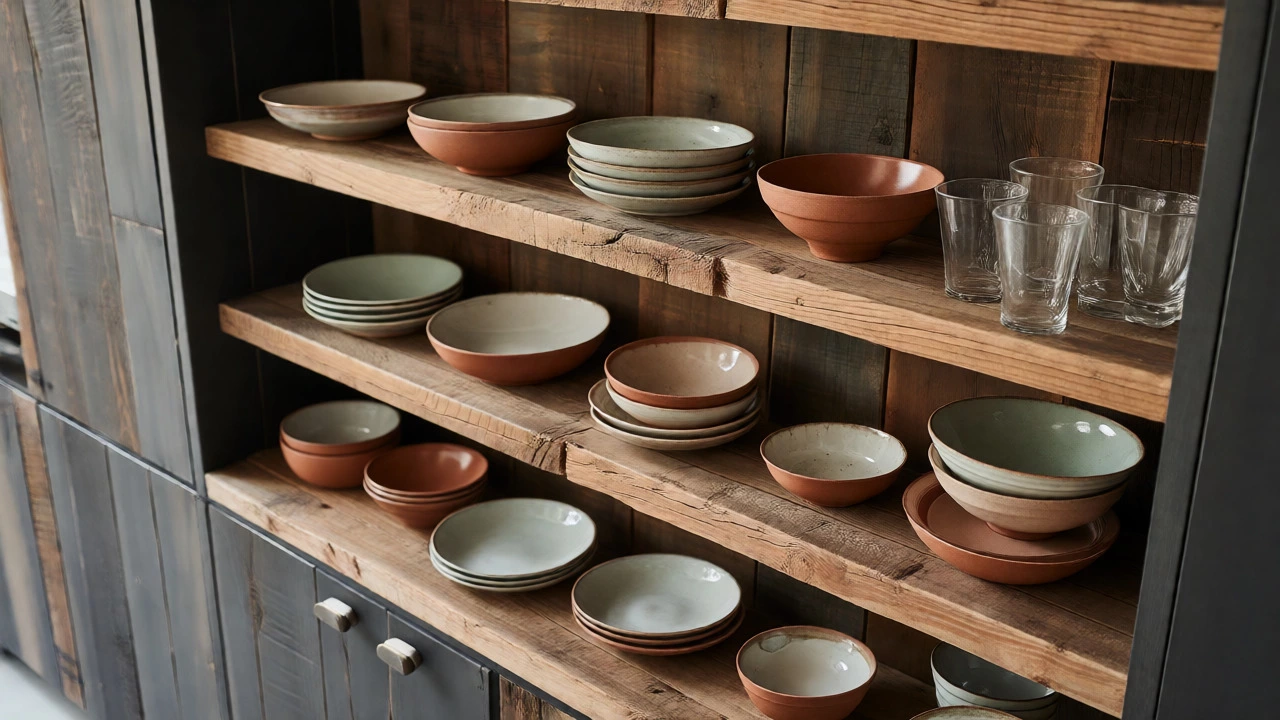 Curated open shelving with ceramics and glass above dark storage cabinets.