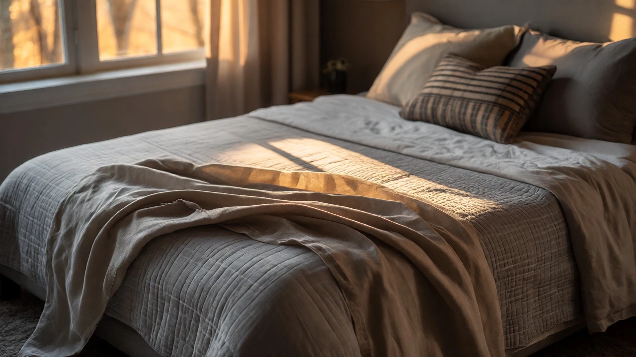 Guest bed styled with layered thin coverlet and decorative throw