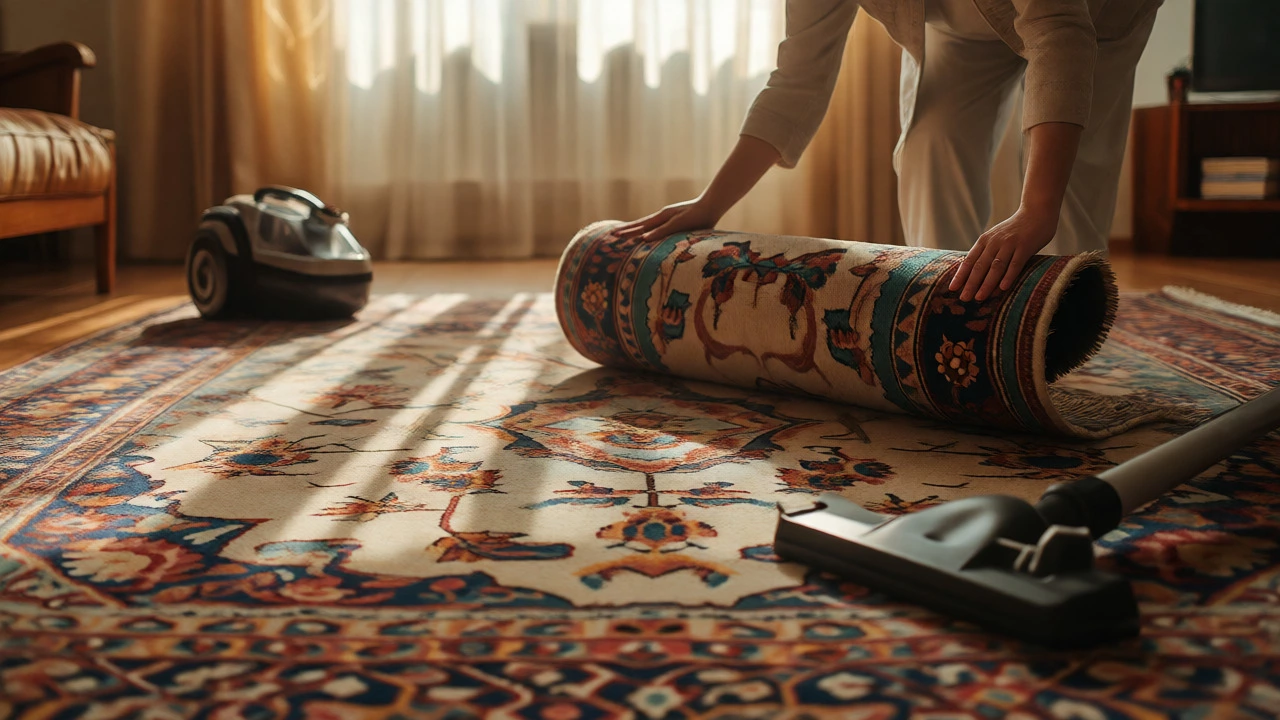 Hands rotating a wool rug for even wear in living room