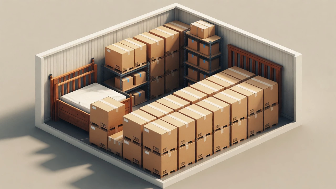 Isometric render of a 5x10 unit packed vertically with boxes and large furniture against walls.