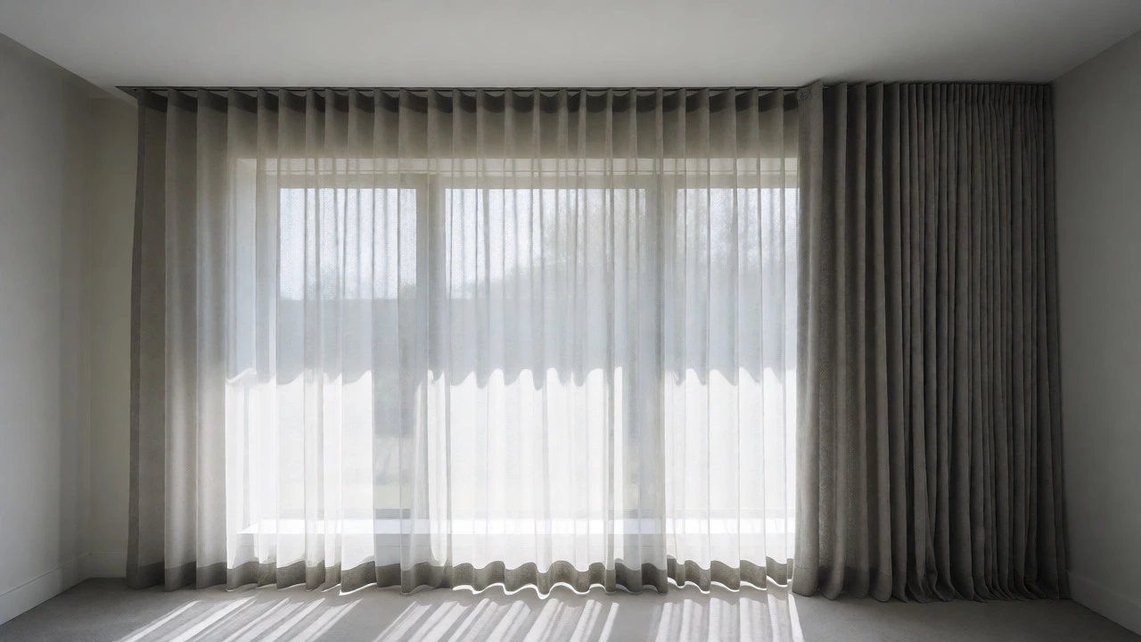 Layered window treatment with white sheers and charcoal wool drapes in a modern office.