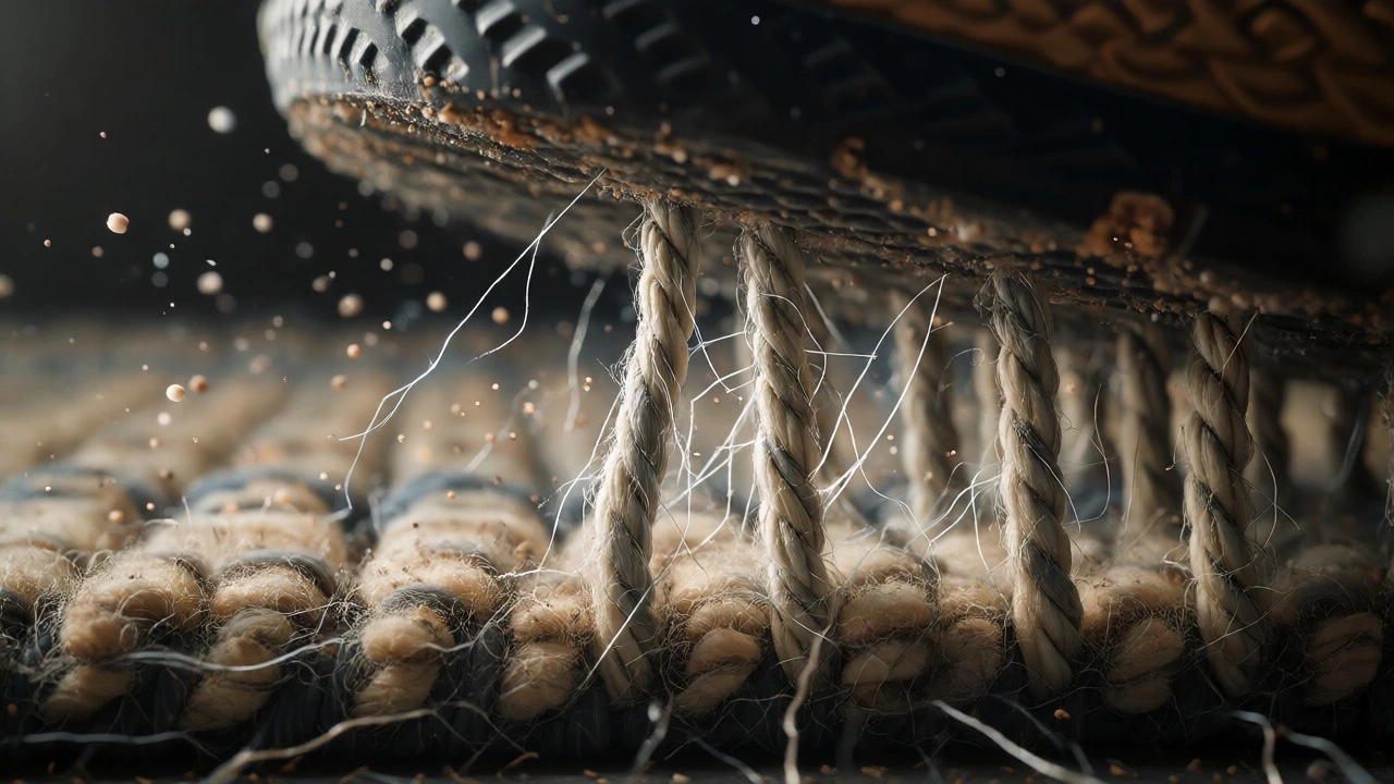 Macro view of rug fibers fraying from dirt abrasion