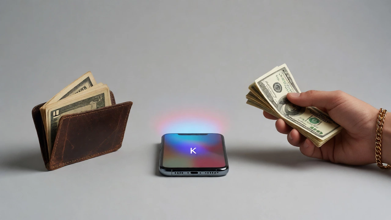 Minimalist arrangement of a vintage wallet, smartphone, and cash bundle representing slang eras.