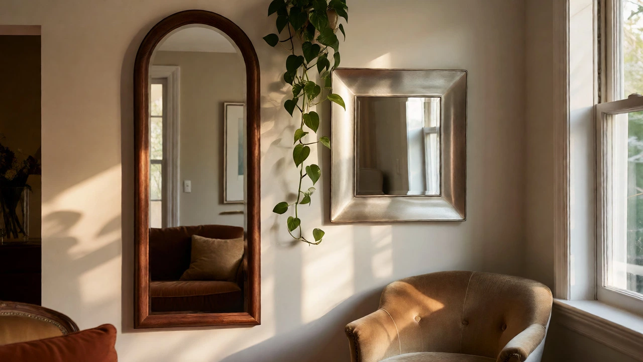 Mismatched arched and square mirrors with plant accent in a stylish living room